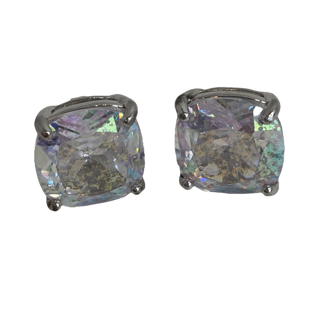 Kate Spade Earrings 1/2” Square Clear White Patina Glitter Stud Silver Tone READ